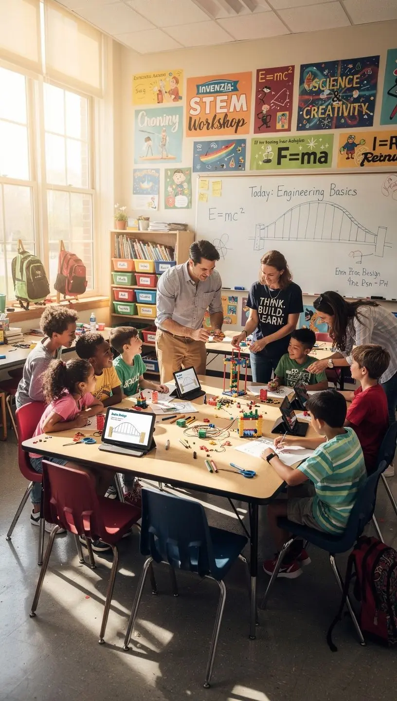 Dzieci budujące roboty z klocków LEGO, rozwijające umiejętności inżynieryjne i logiczne myślenie.